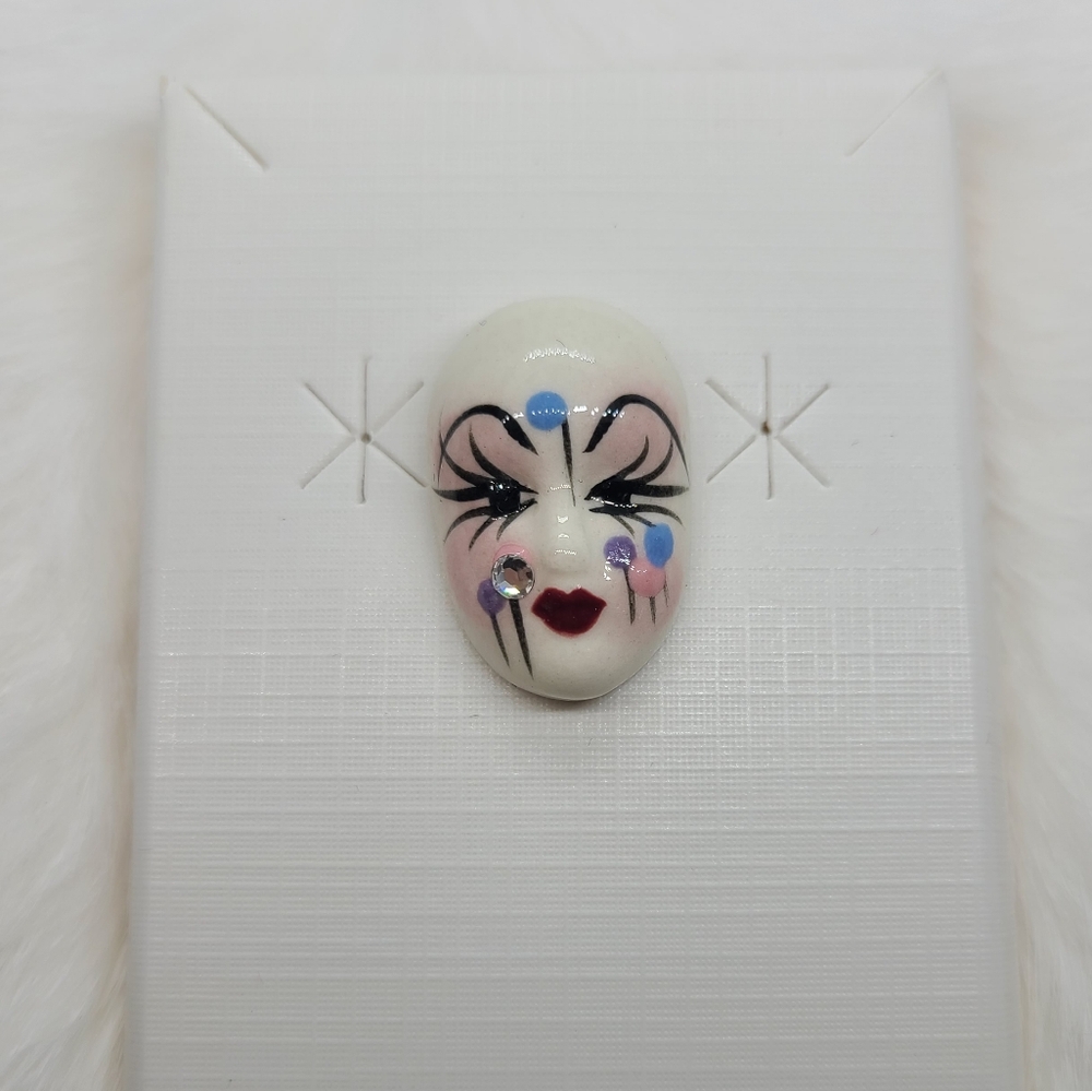 Vintage Fancy Faces Brooch Pin Handpainted Porcelain Mask Balloons w/ Rhinestone